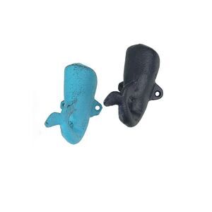 Cast Iron Nautical Blue Whale Wall Hook Decorative Coat Rack Key Holder Set of 2